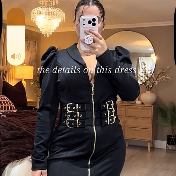 Chic Black Dress with Gold Zipper and Belt Accents - Picture 2 of 3